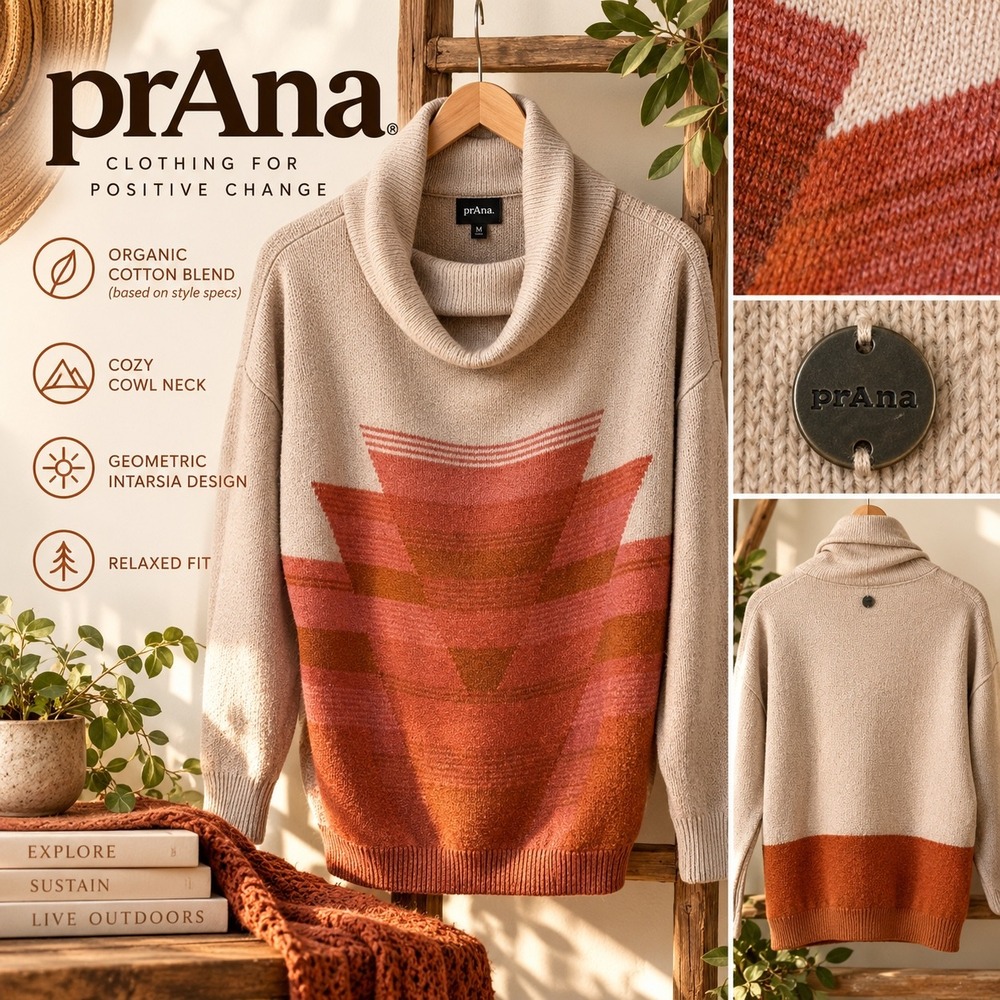 prAna Frosted Pine Geometric Cowl Neck Sweater Organic Cotton M